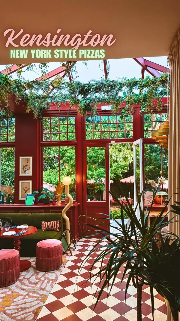 The video showcases EVE x Proper Slice, a restaurant in Kensington. It features the aesthetic conservatory dining area with lush greenery and large windows, the bar area, and the spacious outdoor garden with various seating options including tables with umbrellas and a tent with floor cushions. Food items shown include two NY style pizzas (one with mozzarella and basil, one with various toppings), buffalo wings with dip, and two Aperol Spritz cocktails. The video also highlights a "Paw of Fame" wall featuring photos of dogs.