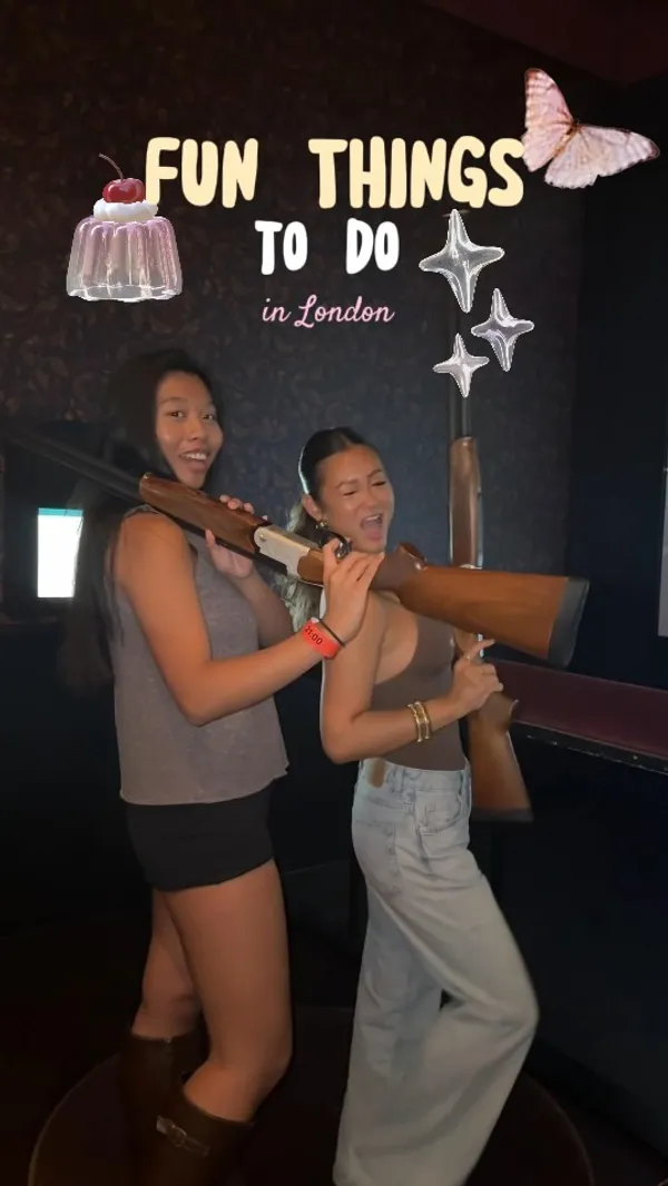 A high-energy reel showcasing a group of friends visiting Clays Bar to play a digital clay shooting game, enjoy pizza, and drink cocktails on the terrace.