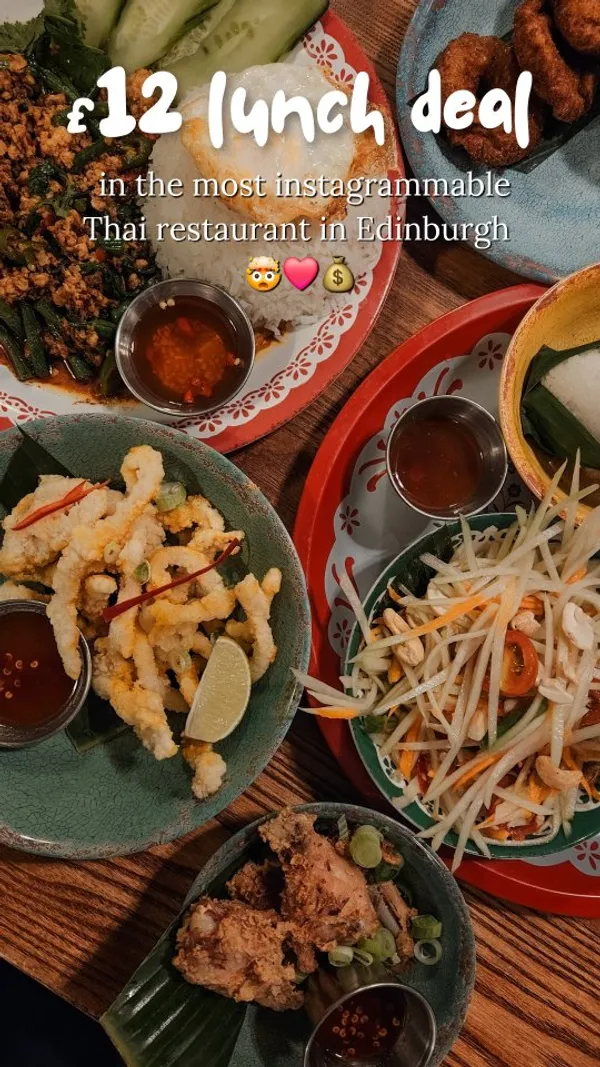 This video showcases Rosa's Thai restaurant in Edinburgh, Scotland. It highlights their new lunch menu featuring 12 dishes for £12.  The video shows a variety of dishes, including papaya salad, fried chicken, sticky rice, Pad Kra Prow (a chilli and basil stir fry), prawn donuts, and crispy fried calamari.  Mango sticky rice and Thai churros are also featured as desserts. The restaurant's interior is shown, emphasizing its aesthetic appeal.  The video focuses on the food and the restaurant's atmosphere, aiming to encourage viewers to visit.
