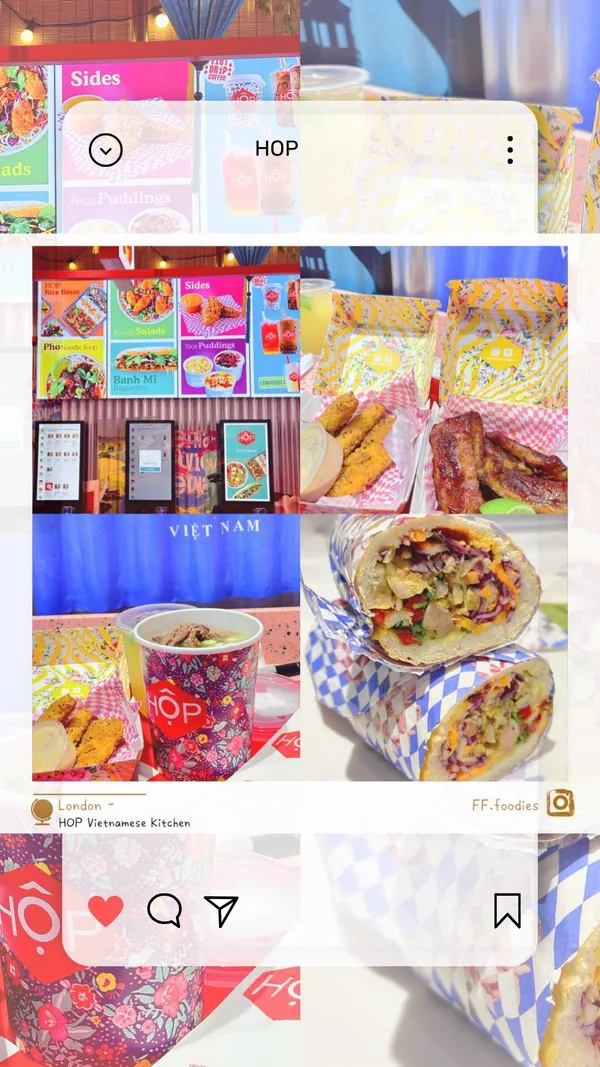 This video showcases Hop Vietnamese Kitchen, a self-service Pho restaurant in London's Bond Street station. The video highlights various menu items: Beef Pho, Banh Mi (chicken and pork), chicken wings, and short ribs.  Food presentation is simple but appealing; food is shown in takeout containers. No specific dietary information is provided. The primary focus is a meal showcase.