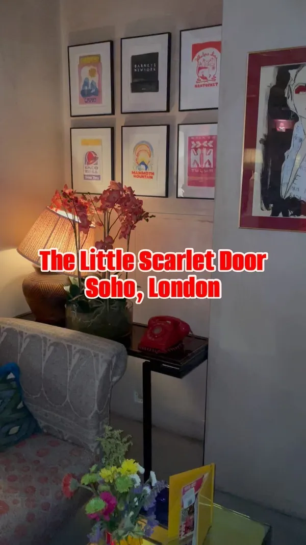 This video showcases The Little Scarlet Door, a bar located in Soho, London. It features various food and drink items, including a three-cheese toastie, mini brownies with salted caramel dip, sticky house wings, lamb kofta, baby Guinness shots, and two cocktails: a house punch and a Crimes of Passion cocktail garnished with a toasted marshmallow. The presentation is visually appealing, with attention to detail in food styling. No specific dietary information is given. The primary focus is showcasing the bar's ambiance, food, and cocktails, making it a compelling advertisement for the business.