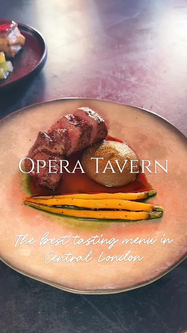A reel showcasing a tasting menu experience at Opera Tavern in Covent Garden, featuring various dishes like tuna tartare, tiger prawns, pork belly, and burrata, along with cocktails.
