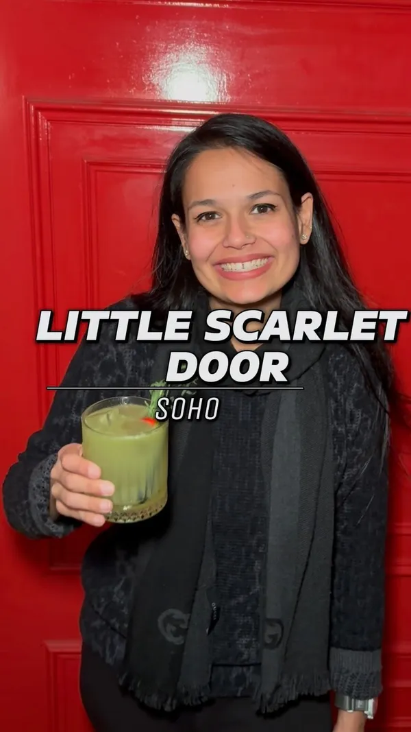 This video showcases The Little Scarlet Door, a bar in Soho, London.  It highlights the bar's vibrant red door and interior design, which includes eclectic decor, pink shelves, and a disco ball. The video shows various cocktails, including a large punch bowl with edible flowers and individual cocktails. The atmosphere is lively and social, with shots of people enjoying themselves inside the bar. 