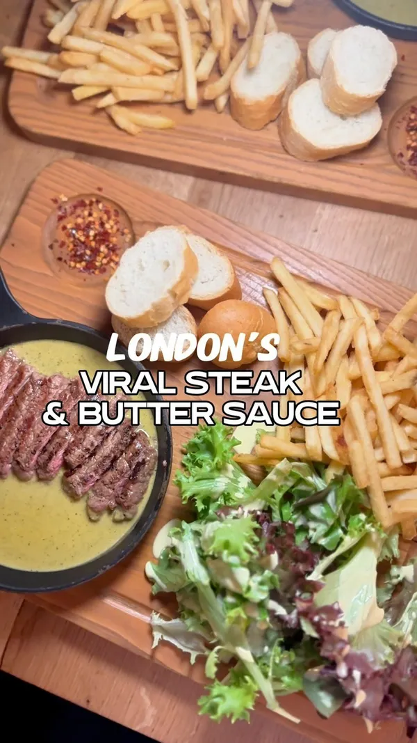 The video showcases Swiss Butter restaurant in Holborn, London. It features the restaurant's viral butter steak and sauce, which comes with fries, a salad, and bread. The desserts include pain perdu and a chocolate dessert.  Brewdog beer is also shown.