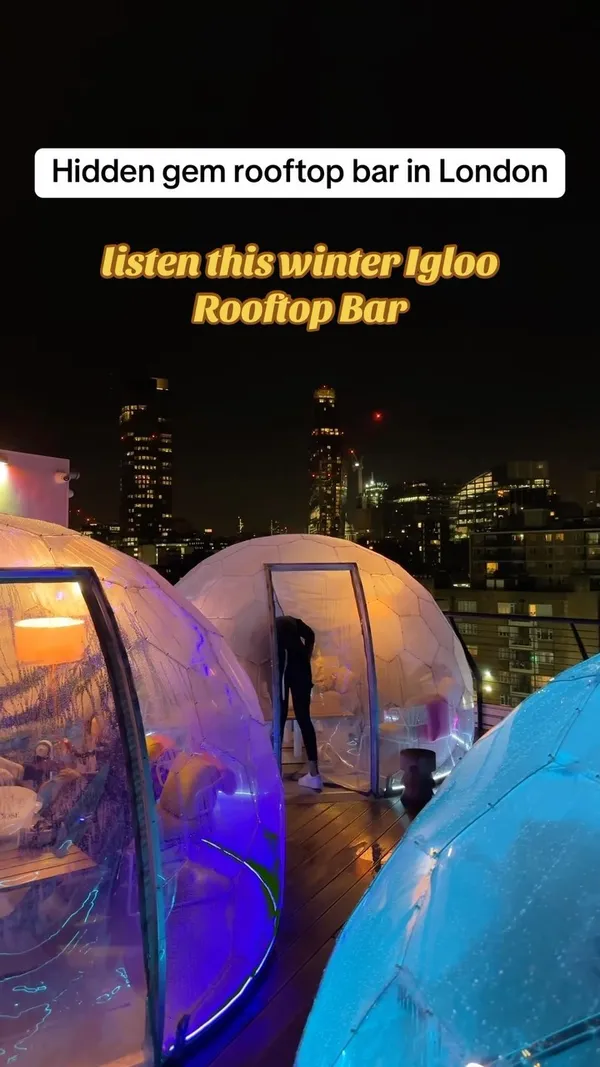 The video showcases Circe's, a rooftop bar in London, featuring private, heated igloos with city views.  It highlights the igloos' capacity (up to 9 people), comfortable seating, a private speaker, and table service.  Various food items are shown, including fries, fried seafood, and small plates.  Cocktails are also featured. No specific dietary information is provided.