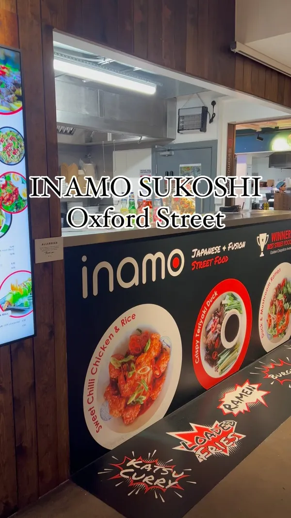 The video showcases Inamo Sukoshi, an Asian street food restaurant located in Market Halls, Oxford Street, London.  The video shows various dishes, including a dragon roll, cucumber sushi, chilli chicken with rice, katsu chicken curry, and an Asian strawberry and lychee juice. The food is presented attractively, with focus on vibrant colors and textures.  No specific dietary information is provided.