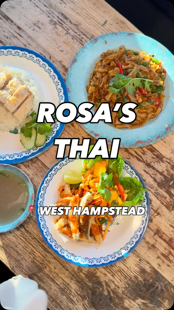 The video showcases Rosa's Thai restaurant in West Hampstead. It features various Thai dishes including Drunken Noodles with minced chicken, Khaoo Mun Gai (chicken and rice), Seabass mango and Thai herb salad, pumpkin crackers, homemade spring rolls, and desserts like mango sticky rice and ice cream. It also shows drinks like Thai iced tea and a passion fruit & jasmine drink. The video includes shots of the restaurant interior, showing seating areas and decor.