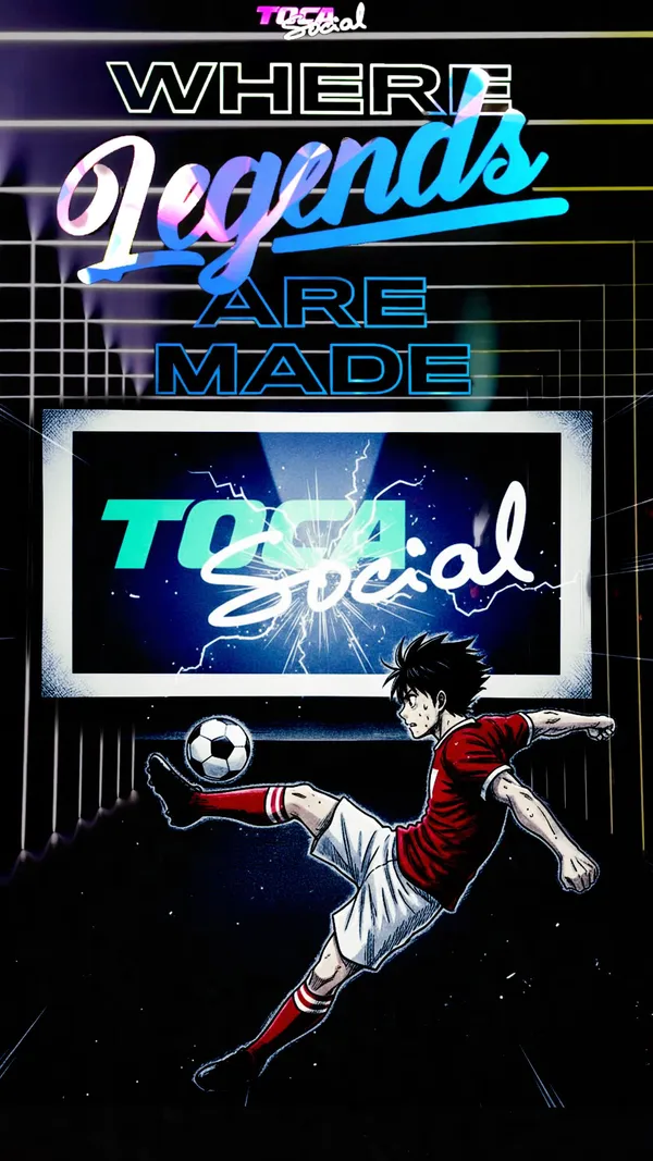 A promotional video for Toca Social, an entertainment venue. It follows a group of men as they walk through a futuristic, neon-lit corridor, enjoy festive-themed cocktails at the bar, and play interactive football games in a private booth. The video also showcases food from the festive menu, including various types of chicken wings, burgers, and fries, and highlights the venue's modern, vibrant interior.