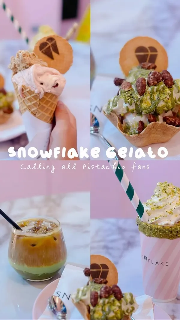 The video showcases Snowflake Gelato, a dessert cafe in London. It highlights various pistachio-flavored items, including gelato in a cone and a cup, a gelato basket with pistachio and hazelnut scoops, a pistachio brownie sundae shake, and an iced pistachio latte. The presentation focuses on vibrant colors, close-up shots of textures, and appealing food styling.  No specific dietary information is provided.