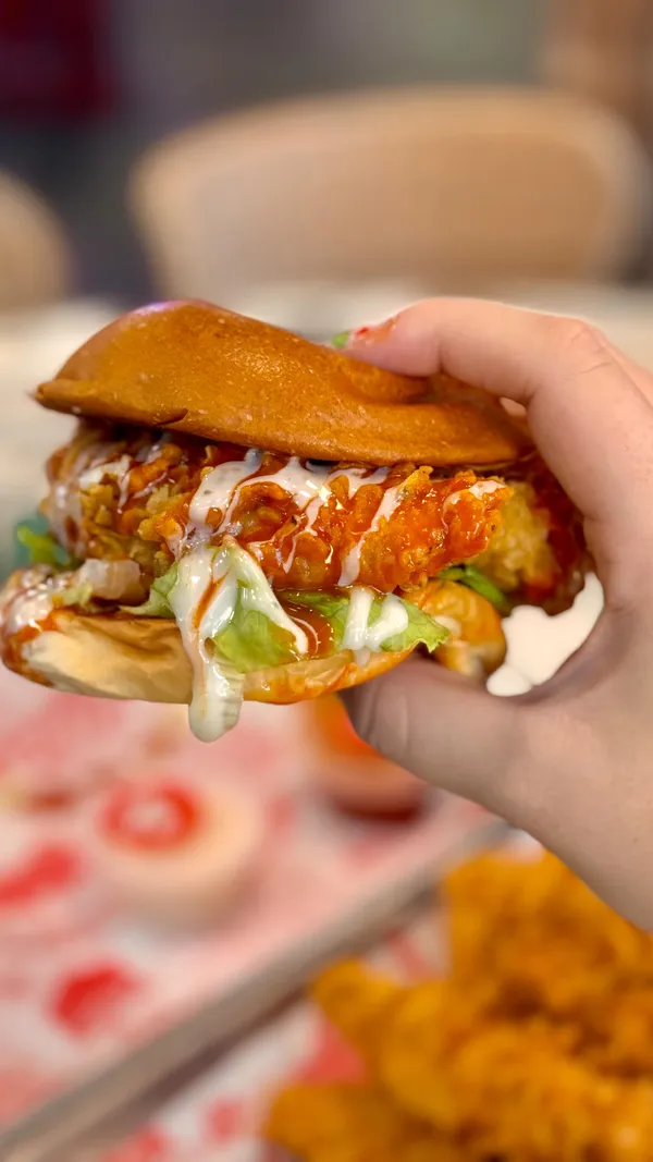 This video showcases a meal from Butchies, a fried chicken restaurant located in Canary Wharf's Market Halls. The video presents various items, including chicken tenders, halloumi fries, and a buffalo burger.  The food is shown close-up to highlight its visual appeal, and different sauces are used. The primary focus is to showcase the meal and the restaurant's ambiance.