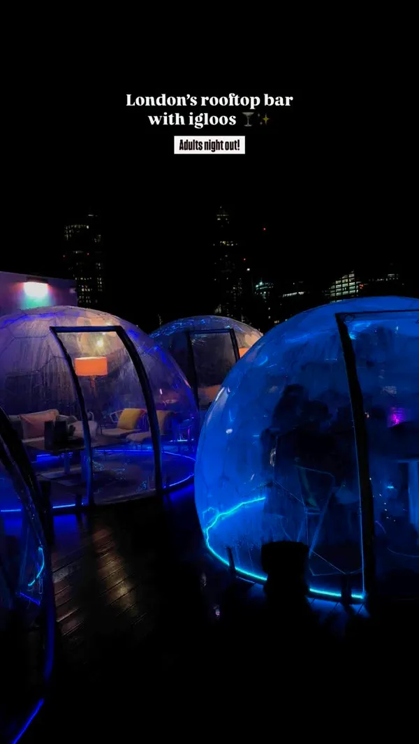 You’re next adventure without KIDS! 🤪

Winter rooftop igloos at @circes_rooftop enjoy, a heated pod with spectacular skyline views of London city! A vibrant, cosy spot with incredible views and a great vibe with a live DJ every Wednesday - Saturday from 7pm! Try out their new winter menu with a range of seasonal cocktails! 🍹 

Invite 

#rooftopbar #londonlife #londonfoodguide #funinlondon #londoneats #wheretoeatlondon #londonwaterloo #londoneats #londonfoodblogger #thisislondon 
Rooftop bars in London | London bars | Cocktail bar London | London Waterloo