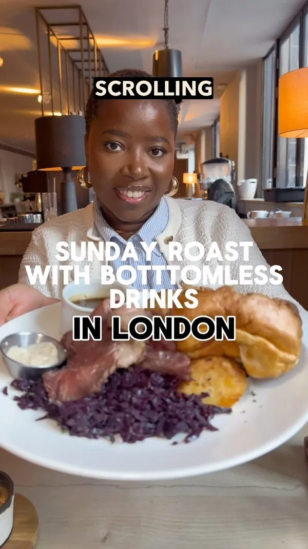 The video showcases a Sunday roast dinner with bottomless drinks at No 35 Mackenzie, Canary Wharf in London.  The food includes a roast (beef, chicken, and pork options shown), Yorkshire puddings, roasted potatoes, red cabbage, gravy, cranberry sauce, and apple sauce.  Calamari is also featured as a starter. The dessert is a sticky toffee pudding. The video also highlights the restaurant's atmosphere, highlighting it as a pet-friendly establishment with a relaxed vibe. Bottomless drinks include cocktails, beer, and a build-your-own Bellini option. 