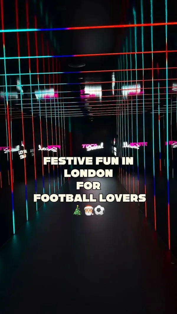 A fast-paced promotional video for TOCA Social, an interactive football entertainment venue in London. The video showcases the venue's festive offerings, featuring clips of groups playing various digital football games, the modern, neon-lit interior, and close-ups of their festive food menu. Items shown include a turkey smash burger with waffle fries, loaded nachos, cranberry & hoisin wings, and festive cocktails.
