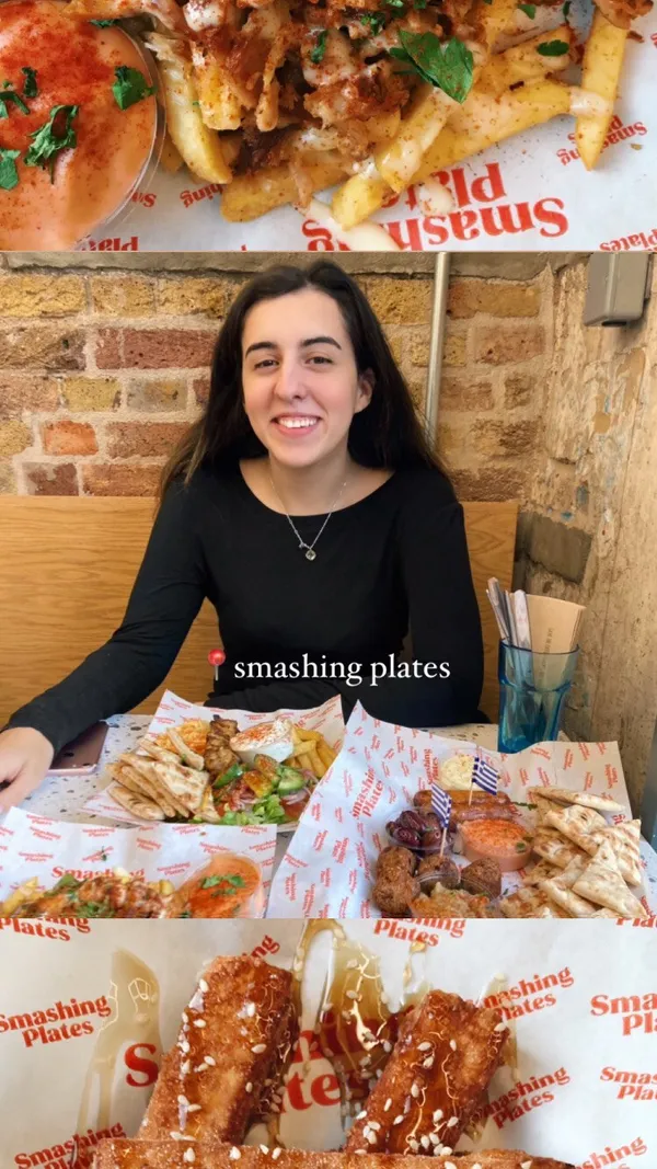 The video showcases a Greek feast from Smashing Plates, featuring various dishes like vegan mezze, souvlaki, halloumi fries, unorthodox fries, and pitanuts. The food is presented on white paper, with a focus on overhead shots to highlight the variety and abundance of the meal.  The video highlights the many vegan options available. The main focus is a giveaway competition to win a similar feast.