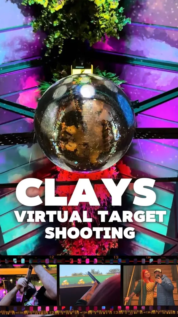 A short, energetic reel showcasing a visit to Clays, an activity bar featuring virtual clay target shooting. The video highlights the venue's interior, the interactive shooting games, and the cocktail menu, positioning it as a fun destination for social outings.