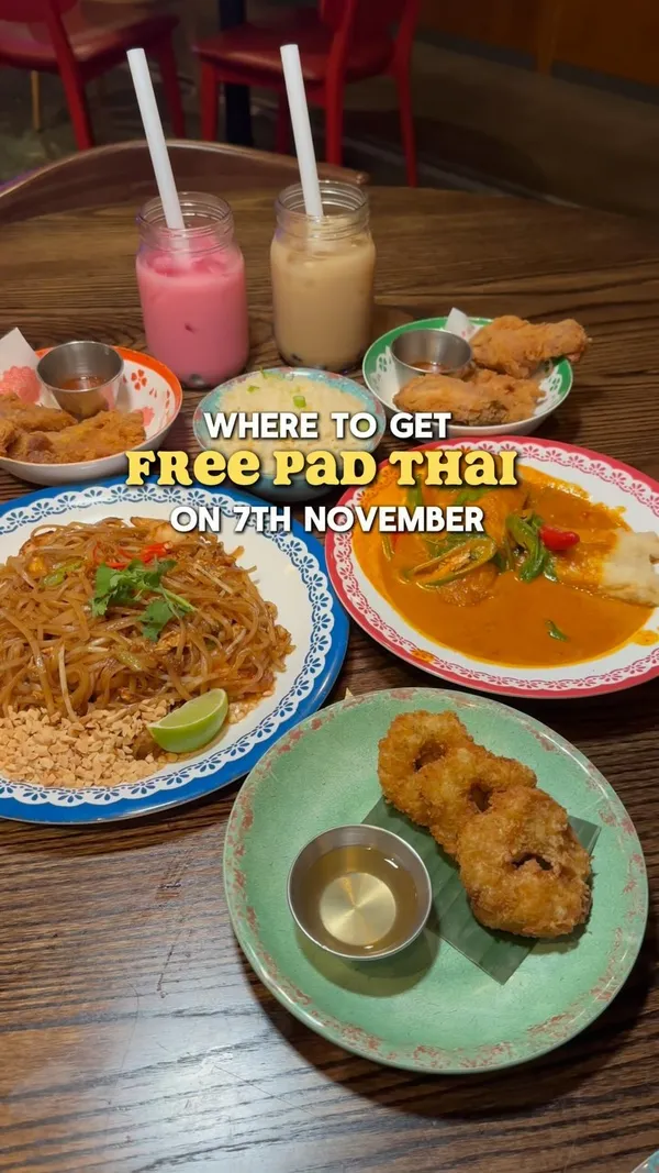 The video showcases Rosa's Thai restaurant in Westfield London. It features various Thai dishes including Pad Thai, fried chicken, Massaman curry, fried squid, mango sticky rice, and spring rolls. The food is presented appetizingly, with close-ups highlighting textures and colors. The video promotes a special offer for National Pad Thai Day: a free Pad Thai if customers don't find it the best they've ever had, and a postcard voucher for a free Pad Thai for a friend if they do. The main focus is on the food and the promotional offer.