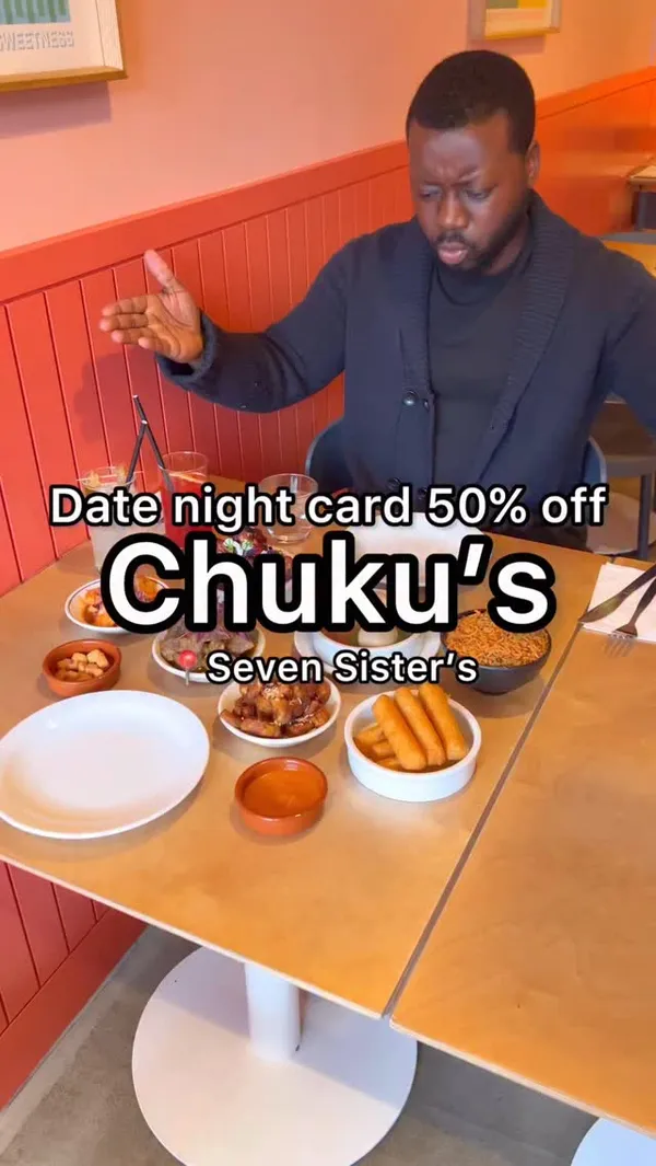 The video promotes Chuku's, a Nigerian tapas restaurant in Seven Sisters, London, by showcasing its 'Date Night Card' which offers a 50% discount on food. The creator visits the restaurant on three separate occasions with different companions (a male friend, a female cousin, and another female friend). The video displays a wide variety of Nigerian tapas dishes, including jollof rice, Zobo wings, rice pancakes, egusi with pounded yam, prawns, cassava chips, and a plantain waffle with ice cream. The content focuses on the food, the vibrant restaurant interior, and the positive reactions of the guests.