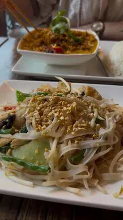 Delicious vegan dishes at Pho Restaurant in Newcastle: spring rolls, tofu curry, and coconut martini.