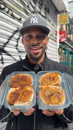 Loaded pattie from @14parishbrixton in London, inspired by NYC's Datz Deli, featuring coco bread and homemade flavors.