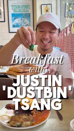 Justin the Dustbin enjoying breakfast at Regency Cafe in Westminster, featured in 'Breakfast With' series episode 13.