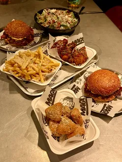 Delicious maple bacon cheese burger and garlic butter truffle fries at Magu Diner in Nowhere pub, Lower Bristol Road.