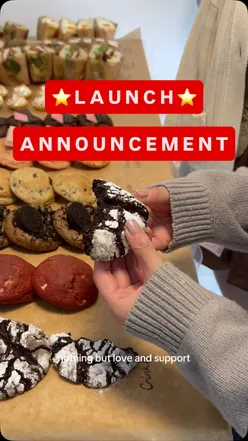 Yokoro Bakery opening announcement with cookies and milk, celebrating pre-orders and a giveaway on Instagram.