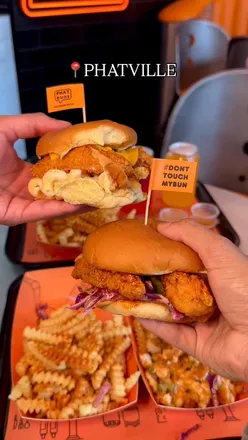 Food review at Phatville, Coventry Road: enjoying Mac Slider Meal, Classic Slider Meal, and Loaded Fries with unique drinks.