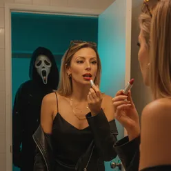 Person with Halloween-themed makeup ready for spooky season, sharing a selfie with festive decorations and a fun vibe.