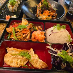 Enjoying a bento box lunch at The Muddler Newcastle, featuring mapo curry and tasty sides during a weekday deal.