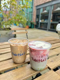 White Chocolate Cherry Matcha and Iced Sticky Maple Pumpkin Latte at Tabitha's Coffee near Deansgate Station, Manchester.