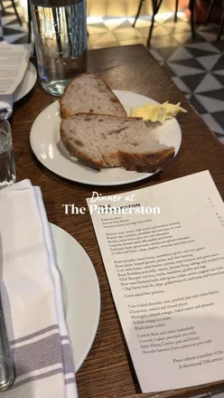 Delicious dinner at The Palmerston: starter, cod main, and dreamy chocolate cake with poached pear dessert.