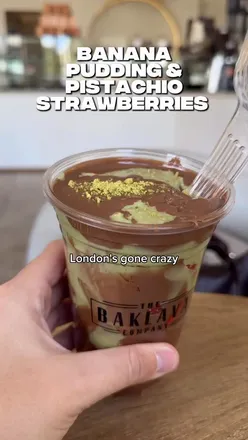 Viral desserts at The Baklava Company: pistachio kunafa strawberries and banana pudding in London