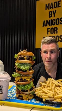 60oz burger tower challenge at Amigos Burgers Tooting with fries and milkshake; epic food showdown video coming soon!