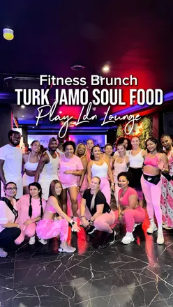 Brunch with high-energy fitness coaches, enjoying music and fun vibes at an exciting brunch event.