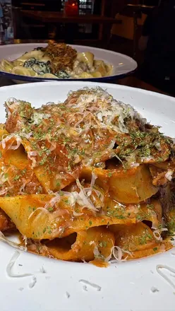 Delicious truffle arancini and beef brisket pappardelle at Ornella's Kitchen, Freight Island, Manchester.