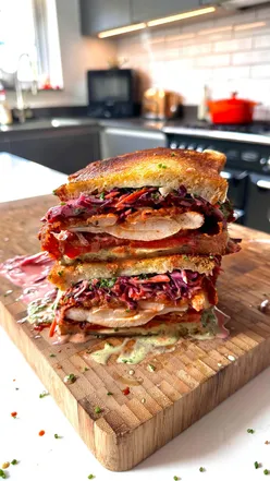 Delicious Krewe Fried Chicken Toastie with mozzarella, ranch, and vibrant toppings from Square Sambos in Dublin.