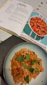Delicious salmon pasta from Pinch of Nom's latest cookbook featuring 100+ simple recipes for fuss-free cooking.