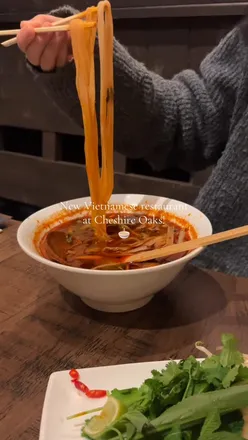 Delicious spread at Pho restaurant: dragon fruit lemonade, crispy spring rolls, spicy vegan pho, and pandan waffle dessert.