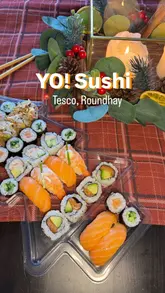 Festive sushi Christmas tree platter from YO! Sushi at Tesco, perfect for holiday gatherings and cozy movie nights.