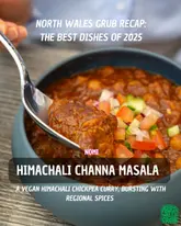 A high-quality, professional close-up shot of a spoon lifting a portion of Himachali Channa Masala from a bowl. The lighting is soft and flattering, highlighting the texture of the chickpeas and the vibrant colors of the fresh garnish. The composition is deliberate, focusing the viewer's attention on the food, with a shallow depth of field that keeps the background unobtrusive.