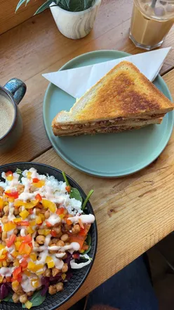 Delicious pulled pork toastie, high protein salad, and lattes at Dawsteps café on North Hill, Plymouth.
