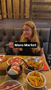 Enjoying delicious teriyaki popcorn chicken and salt & pepper chicken at MANS Markets in Leeds this January!