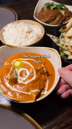 Delicious Indian meal at The Sepoy Club in Bath featuring Papdi Chaat, Non-Veg Platter, Butter Chicken, and dessert.