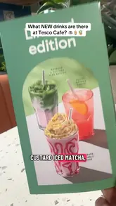 Rhubarb & Custard themed drinks showcased at Tesco Cafe, inviting customers to try new flavors.