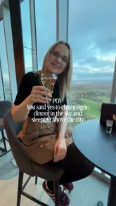 A promotional reel showcasing a hotel stay and dining experience at a venue with a view, featuring shots of the room, the skyline, and various plated dishes.