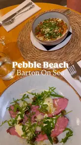 A montage of high-quality food shots and interior glimpses of Pebble Beach restaurant in Barton on Sea, highlighting a three-course meal including starters, mains, and desserts.