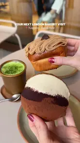 Enjoying matcha latte and pastries at Nagare Coffee in Bankside, London on a sunny day by the Thames.