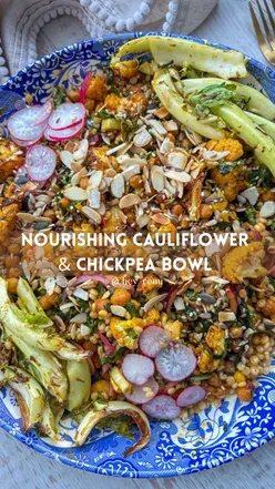 Warm nourish bowl with giant couscous, chickpeas, and cauliflower; healthy recipe by Glasgow blogger @hey_renu