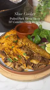 A step-by-step recipe tutorial for making slow cooker pulled pork birria tacos, featuring clear shots of the ingredients and the cooking process.