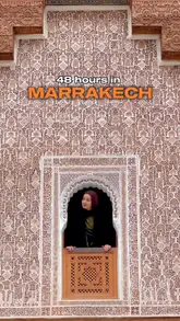 A travel montage showcasing a 48-hour itinerary in Marrakech, featuring visits to Jardin Majorelle, a traditional Riad, the Medina souks, Medersa Ben Youssef, Dar El Bacha, the Agafay Desert, and Moroccan dinner shows.